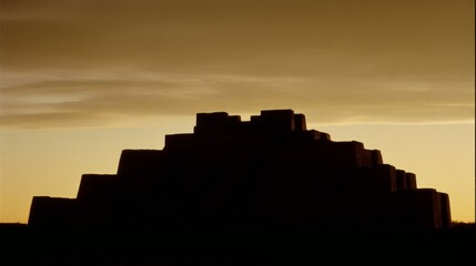 Obraz premium ziggurat. Majestic stepped ziggurat ruins at twilight against golden desert sky. real-estate listings, architecture portfolios, designed for real-estate listing and luxury residence showcases. 
