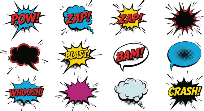Vibrant Comic Book Speech Bubbles and Sound Effects Explode on White Background