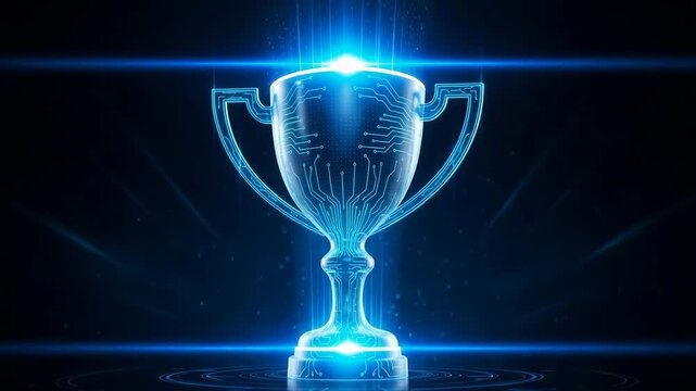 Glowing Digital Trophy Rendered On Dark Surface In Front Of Blue Background With Glowing Light Rays Meant To Visualize Innovation Achievement