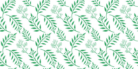 Seamless green leaf pattern with repeating botanical branches. Fresh natural foliage design in a clean minimalist style. Ideal background for wallpaper, fabric, eco branding, and modern.