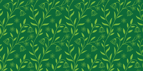 Seamless green floral pattern with delicate leaves and small flowers on a dark green background. Elegant repeating botanical design ideal for wallpaper, fabric, stationery, and packaging. Natural leaf