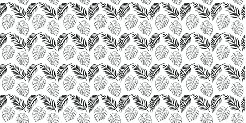 Seamless black and white leaf pattern with hand drawn botanical shapes. Repeating foliage texture with modern minimalist style. Perfect background for wallpaper, fabric, packaging, and prints. 