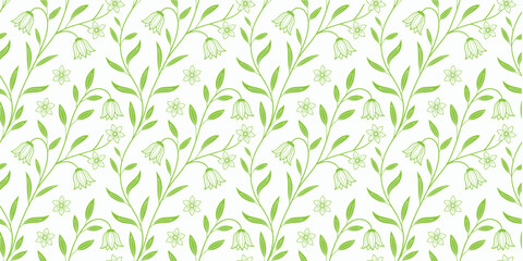 Seamless light green leafy botanical pattern with delicate branches. Fresh repeating foliage background ideal for wallpaper, fabric, wrapping paper, and surface design projects. Clean nature inspired 