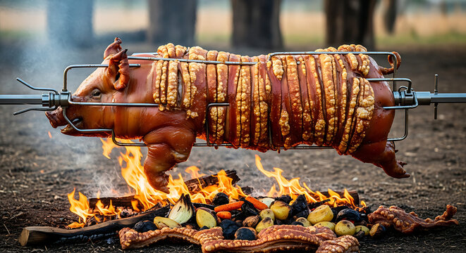 A whole pig roasting on an open fire outdoors on a metal spit, surrounded by flames and vegetables, in a rural landscape viewpoint.