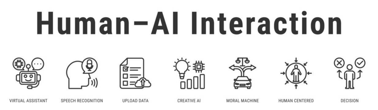 Human&ndash;AI Interaction web banner icon vector illustration with Virtual Assistant, Speech Recognition and Creative AI