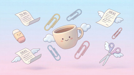 Kawaii Coffee Cup Floating Amongst Flying Paper Clips, Scissors, Eraser, and Idea Papers
