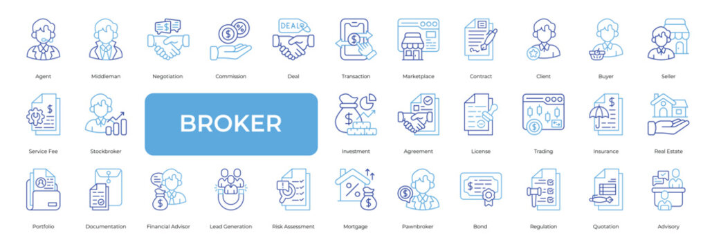 Broker Icon set Collection in Line Two Color Style. broker, agent, intermediary, middleman, negotiation, commission, deal