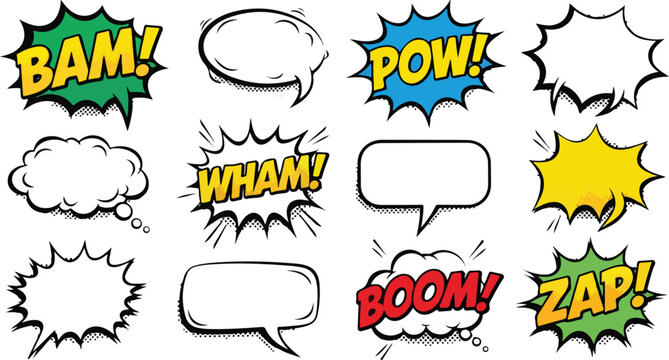 Collection of comic book speech bubbles and sound effects in various shapes and colors