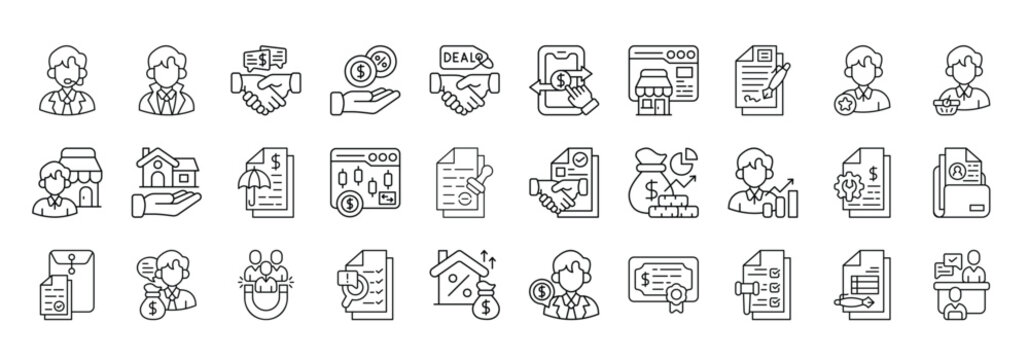 Broker Icon set Collection in Line Style. broker, agent, intermediary, middleman, negotiation, commission, deal