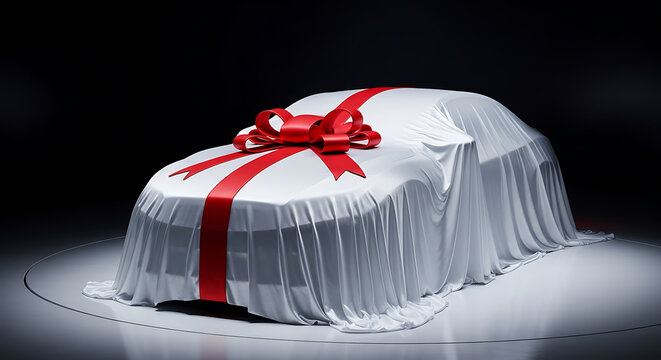 A luxurious car draped in white fabric with a red ribbon on display in a darkened showroom from a slightly elevated viewpoint