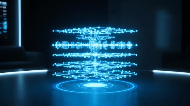 Exploring a Futuristic Blue Cube Structure with Interconnected Nodes and Radiant Glow in a Dark Sci-Fi Environment from a Dynamic Low-Angle Perspective - Digital Illustration