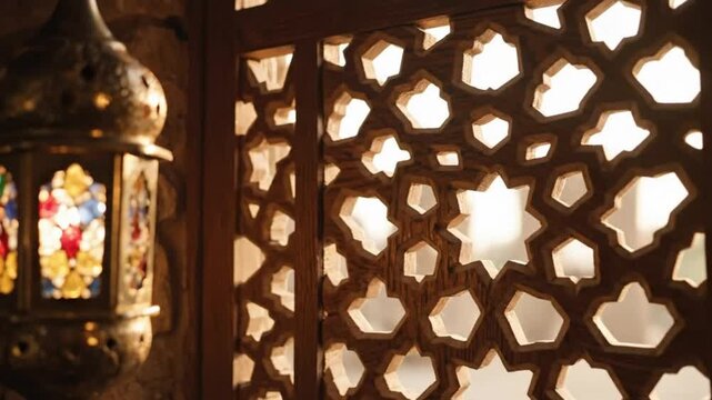 Ornate lantern beside intricately carved lattice window with stained glass, casting patterns, interior architectural detail