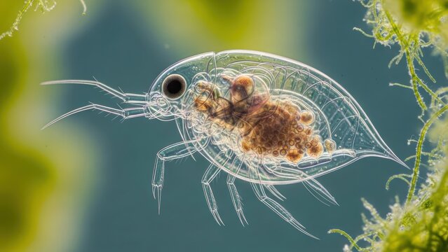 Captivating close-up displaying the translucent anatomy of a water flea in its aquatic environment