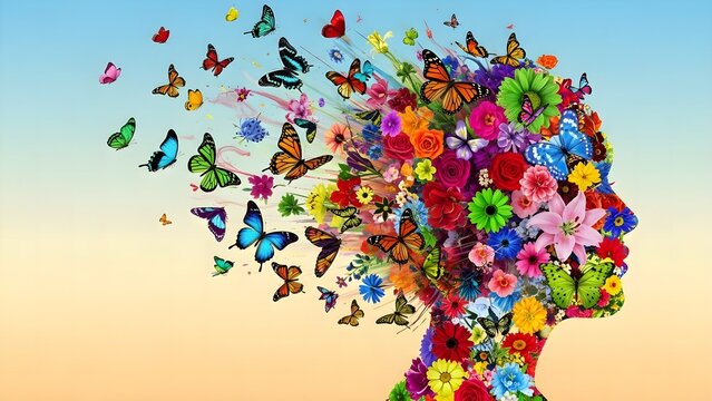 Vibrant flowers and butterflies emerging from a human head silhouette against a gradient sky