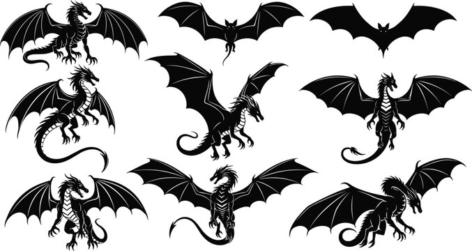 Dragon silhouette collection, mythical creature, flying pose, roaring dragon, winged beast, grayscale background, fantasy design, reptile shape, legend art
