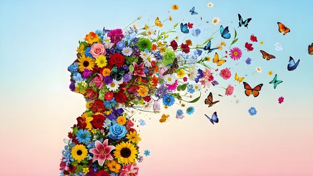 Vibrant floral silhouette of a woman's head releasing colorful butterflies into the sky