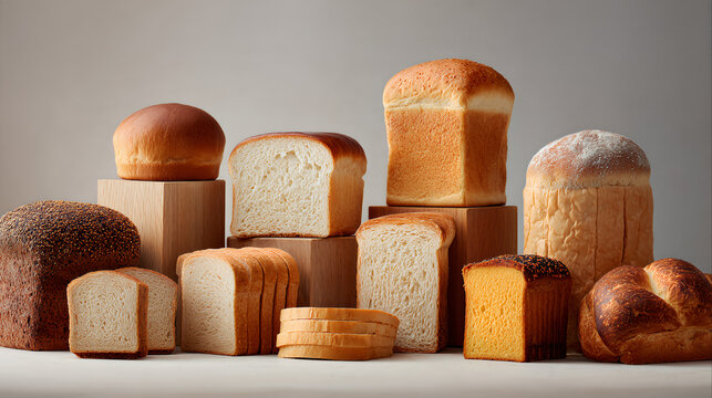 A diverse assortment of bread loaves, including large white sandwich loaves and sliced whole-grain bread, creatively stacked and displayed in a professional bakery setting.