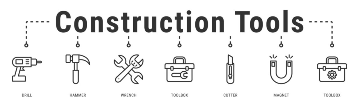 Construction Tools banner highlighting essential hand and power tools used for building, repair, and maintenance tasks