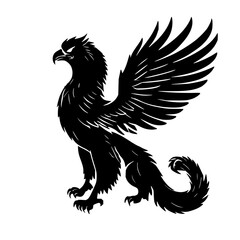 Obraz premium Flat 2D vector silhouette of a black griffin mythological creature in a heraldic style against a clean white background illustration
