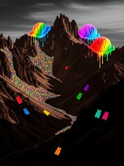 Naklejka premium Rainbow colored liquid dripping from mountains into a dark landscape with colorful objects scattered throughout the scene, 1000611649_x16.jpg