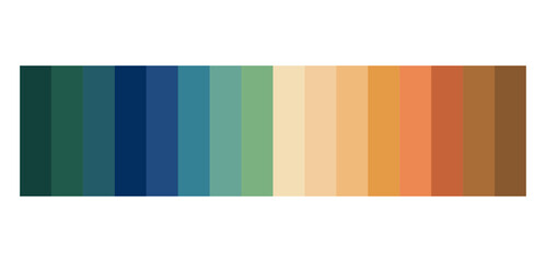 Fototapeta premium Natural color palette swatches with smooth transitions from deep forest green and navy to warm terracotta and sand tones. Professional design guide for interior branding and web aesthetics.