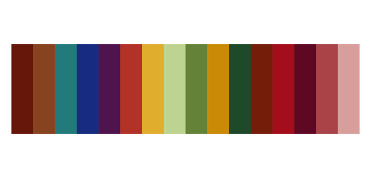 Comprehensive professional color palette with a diverse range of 16 swatches including deep jewel tones, earthy neutrals, and warm pastels. Essential design toolkit for creative branding.