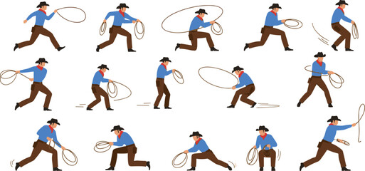 Cowboy lasso running and throwing action character set western rodeo vector © REYAD