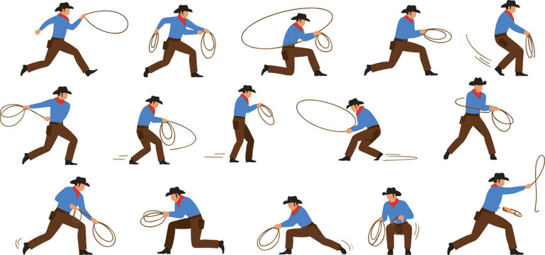 Cowboy lasso running and throwing action character set western rodeo vector