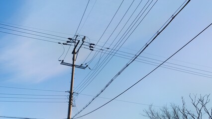 Overhead power lines crisscross the sky, creating a complex network against the blue.
