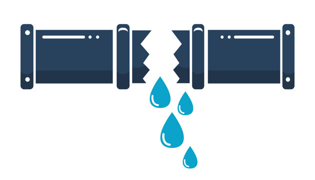 Broken pipe leaking vector graphic illustration representing plumbing problem and water loss
