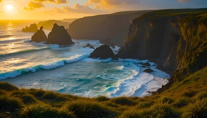 Dramatic Coastal Cliffs Bathed in Golden Sunset Light with Crashing Waves.