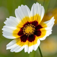 Fototapeta premium Close-up of a flower with white petals, yellow band, dark red center, and yellow stamen, against a blurred green background