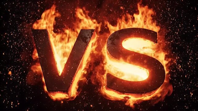 The letters VS engulfed in fiery flames against a dark, smoky background, symbolizing a heated confrontation or competition.