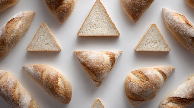 Geometric arrangement of white sandwich bread slices and long, crusty French baguettes on a clean, bright white background creating a simple, eye-catching pattern.