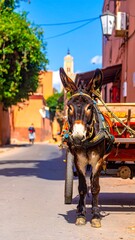 Donkey, in bright tack, stands in a narrow, colorful Moroccan street under a clear blue sky in bright sunlight