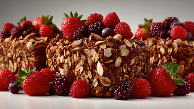Close up homemade rustic multigrain bread loaf garnished with crunchy oatmeal almond flakes and assorted fresh berries like strawberry raspberry and blackberry ready to eat.