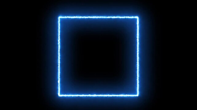 Glowing neon blue square frame pulsates on black background motion graphics abstract