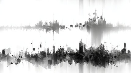 Minimalist black and white seamless tiling pattern with abstract geometric shapes including triangles and hexagons, evenly scattered noise specks, modern sci-fi UI background, crisp vector design