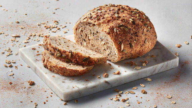 round whole grain healthy bread sliced pumpkin seeds marble board rustic homemade