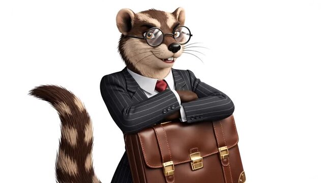 Funny cartoon honey badger character in a business suit and briefcase poses on a white backdrop