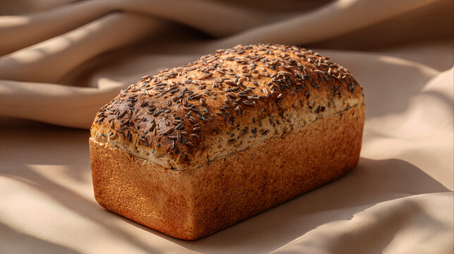 single seeded bread loaf rustic sunflower seeds caraway beige fabric texture sunlight shadow minimal healthy food