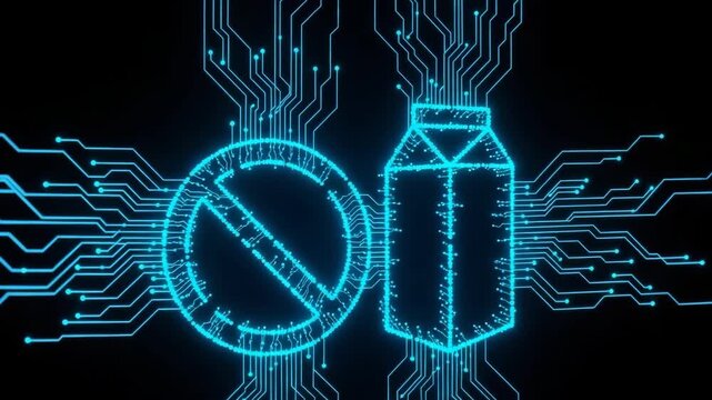Neon Blue Circuit Board Design Depicts No Milk Prohibition Symbol Milk Carton Digital Warning Concept Against Milk Usage Possibly For Digital Art Educational Content
