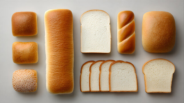 top view various types bread white sliced rolls buns long baguette photorealistic geometric studio arrangement