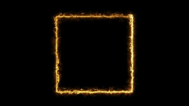 Golden energy lightning square frame glowing with electrical discharge on black background