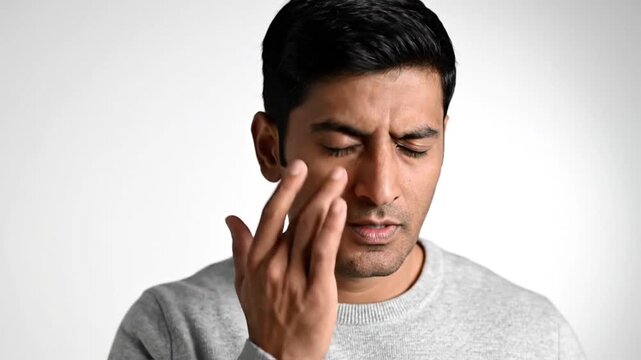 Man experiencing eye discomfort on a white background, representing vision problems, fatigue, and healthcare awareness. Ideal for medical, wellness, eye care, and health education concepts.