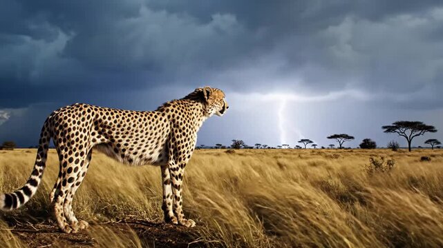 Cheetah stands dramatically in savanna against stormy sky and lightning