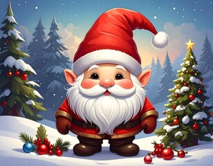 Festive cartoon dwarf in red hat, wintery snowy forest background with decorated tree, ornaments and falling snow