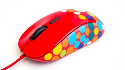Red computer mouse with colorful polka dot pattern