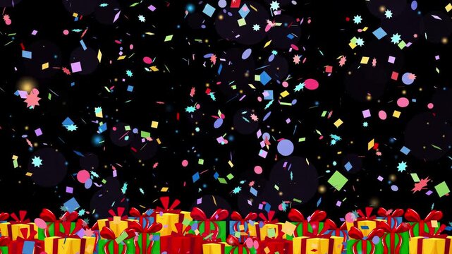 Colorful Confetti Falling Over a Row of Wrapped Gift Boxes on Black Background