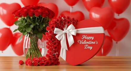 Valentine's Day gift box with roses and heart balloons